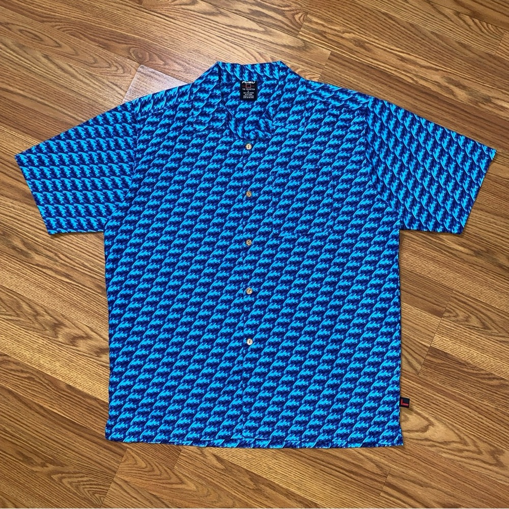 Vintage FUBU Vibrant Blue Spell Out Logo Hawaiian Shirt Large Hip Hop Streetwear